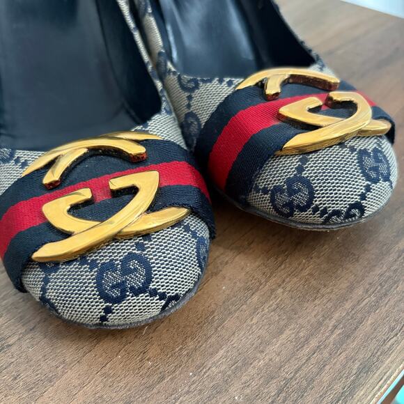 GUCCI Interlocking GG Monogram Web Canvas Heels 37.5 Box Authenticated COA 7.5 - Picture 4 of 14